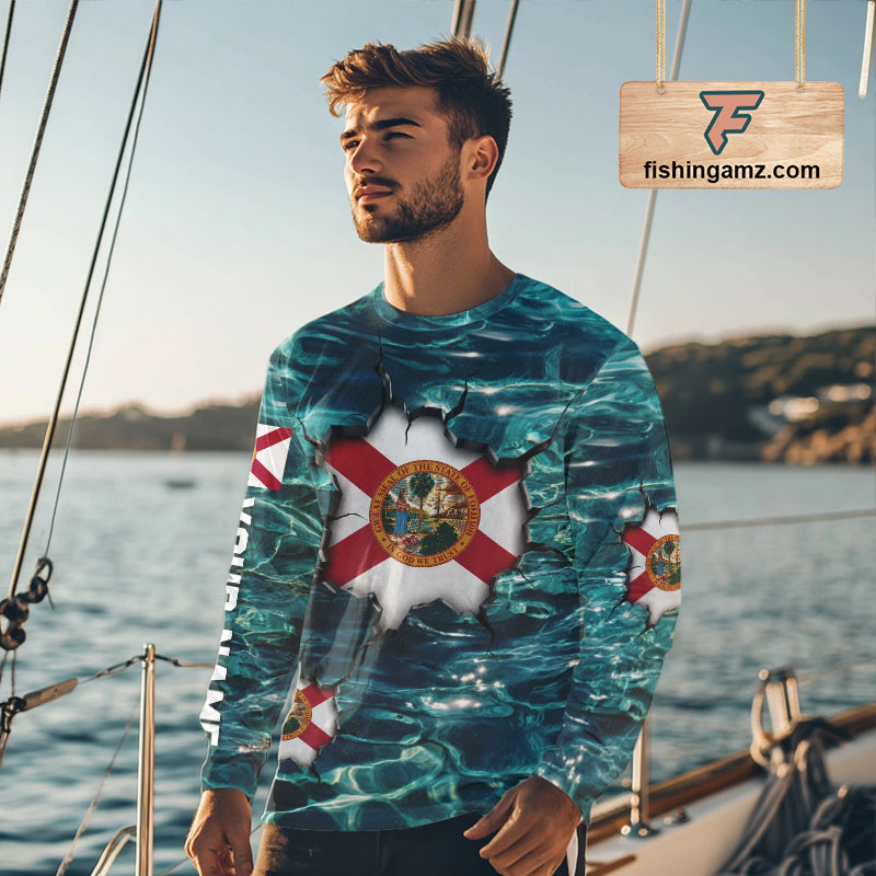 Florida Flag Fish Water Camo Custom Long Sleeve Fishing Shirt | Performance Fishing Shirt For Men