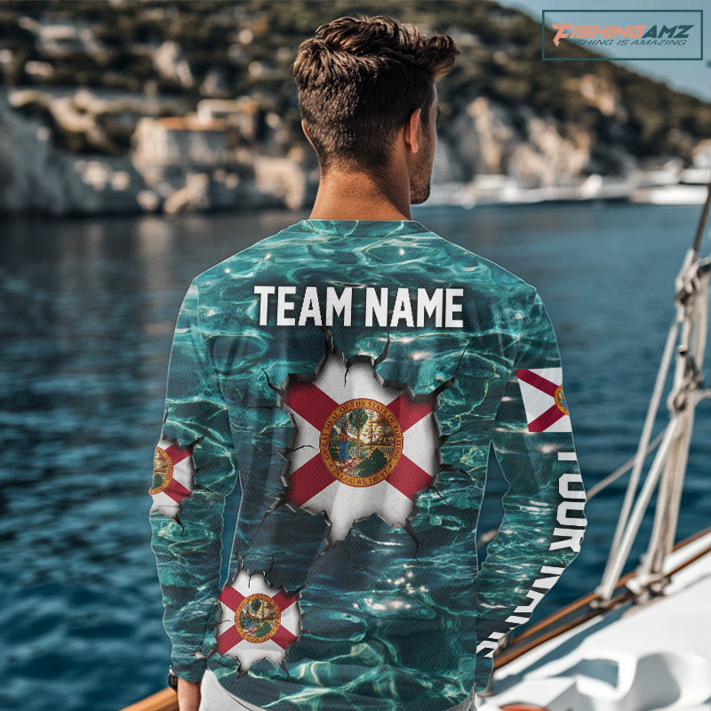 Florida Flag Fish Water Camo Custom Long Sleeve Fishing Shirt | Performance Fishing Shirt For Men