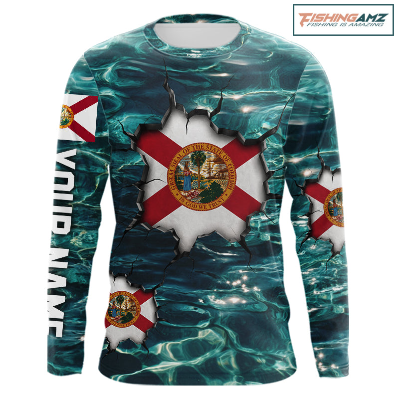 Florida Flag Fish Water Camo Custom Long Sleeve Fishing Shirt | Performance Fishing Shirt For Men