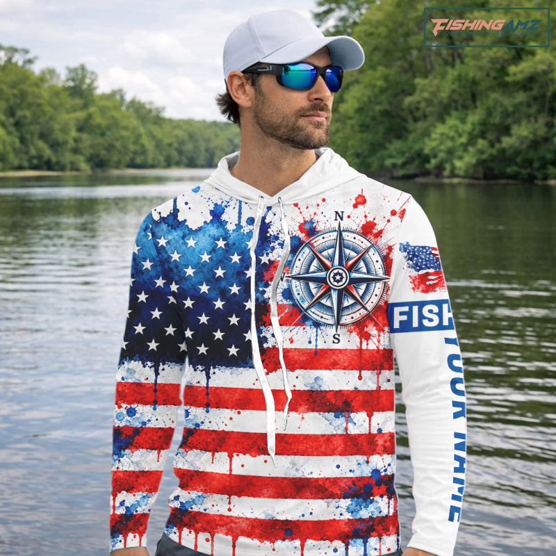 American Flag Compass Hooded Fishing Shirt Shirt Personalized Patriotic Outdoor Gear Performance Apparel NHT1787
