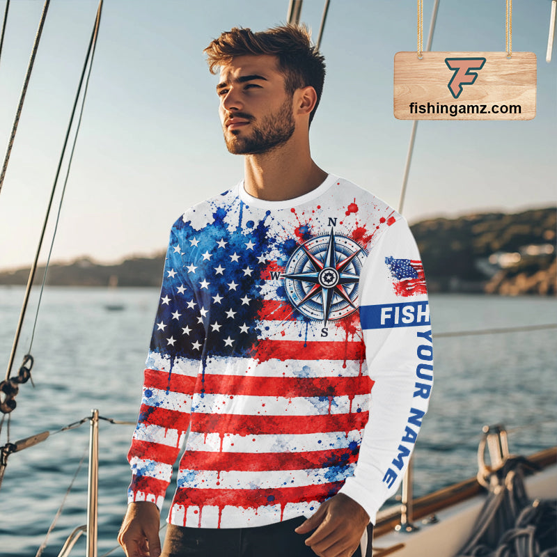 American Flag Compass Fishing Shirt Personalized Patriotic Outdoor Gear Performance Apparel NHT1787