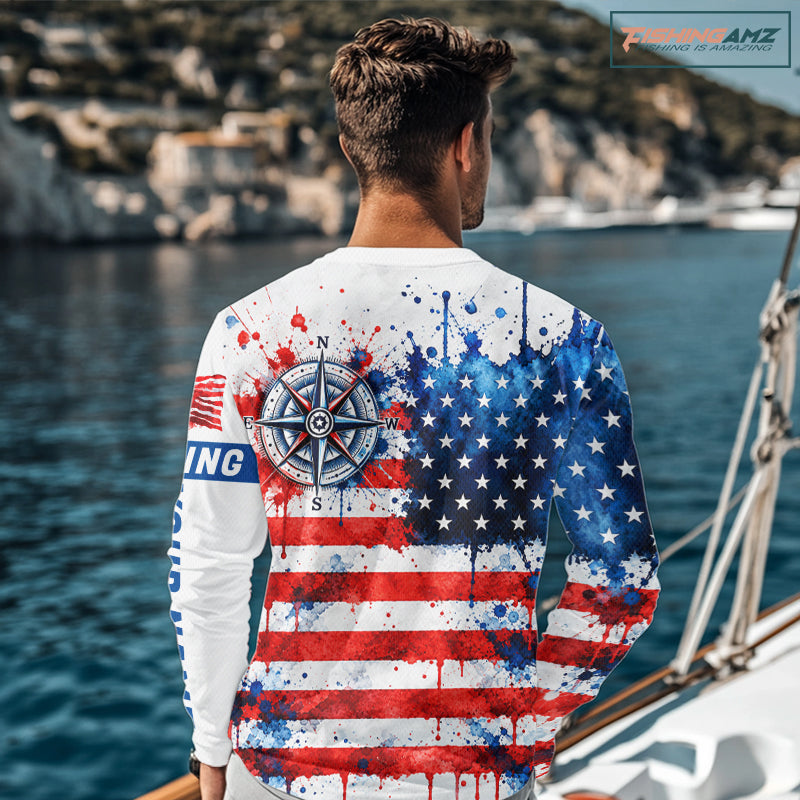 American Flag Compass Fishing Shirt Personalized Patriotic Outdoor Gear Performance Apparel NHT1787