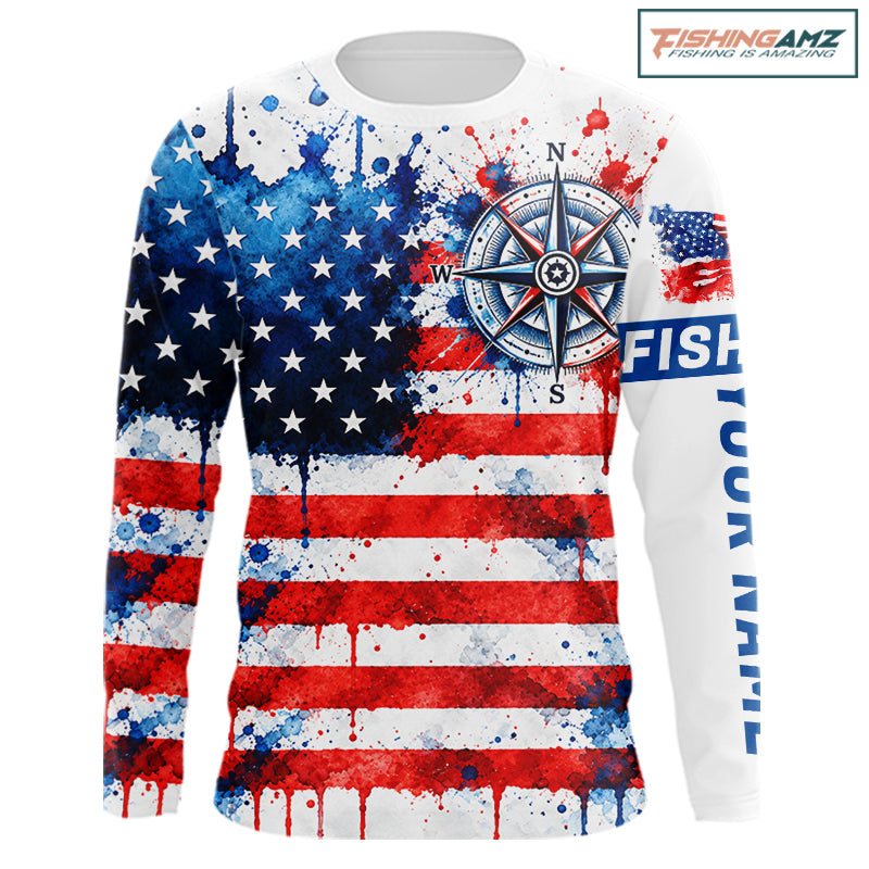 American Flag Compass Fishing Shirt Personalized Patriotic Outdoor Gear Performance Apparel NHT1787