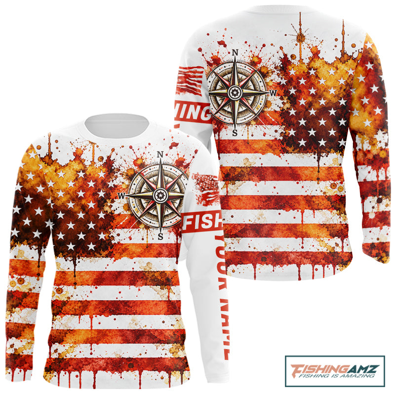 Autumn USA Flag Compass Fishing Shirt Personalized Fall Patriotic Outdoor Gear Performance Apparel NHT1788