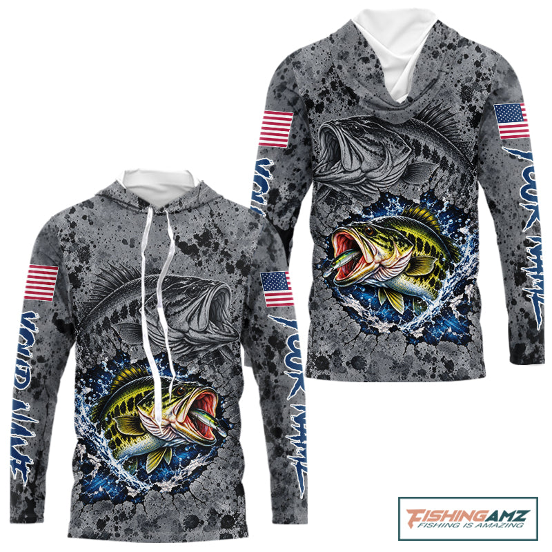 Largemouth Bass Hooded Fishing Shirt Shirt For Men Custom Grey Splash US Flag Outdoor Sports Apparel NHT1791