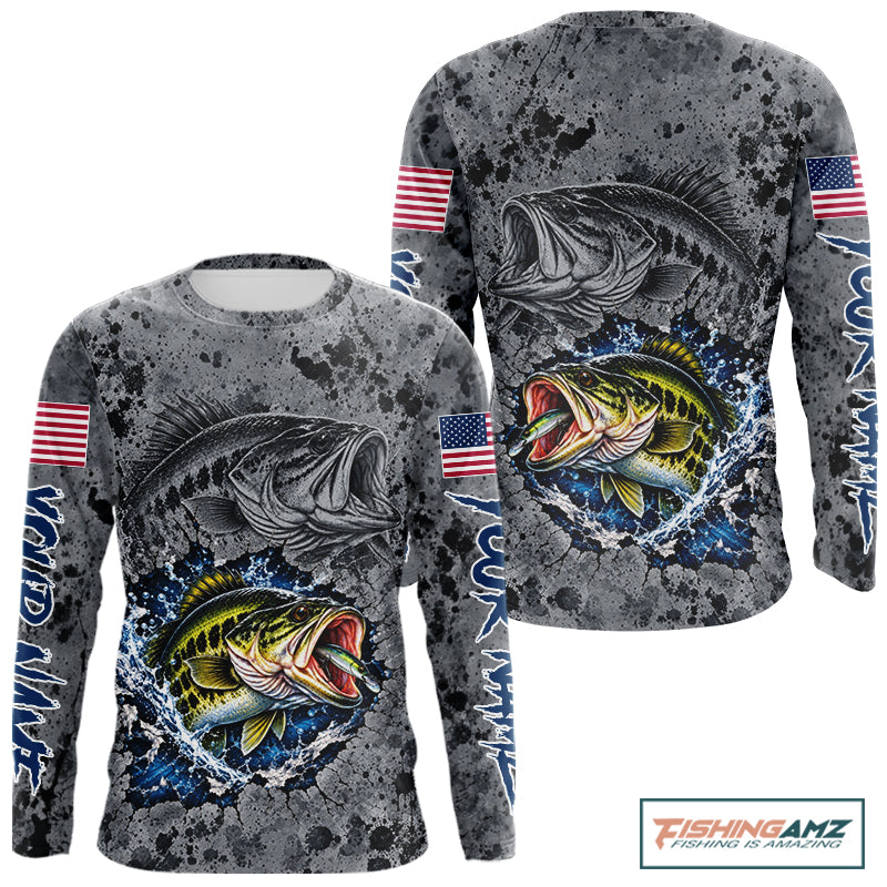 Largemouth Bass Fishing Shirt For Men Custom Grey Splash US Flag Outdoor Sports Apparel NHT1791