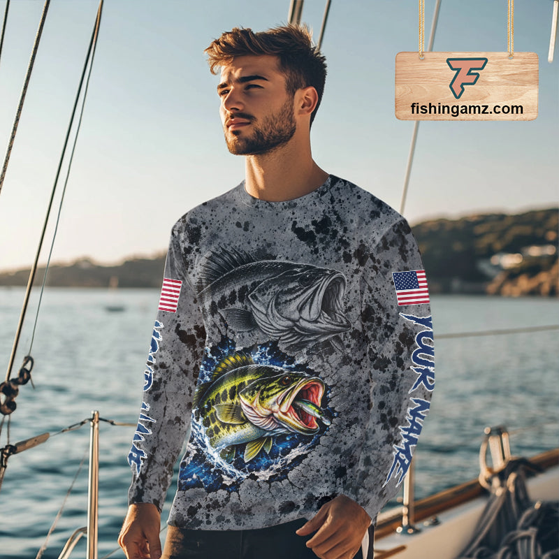 Largemouth Bass Fishing Shirt For Men Custom Grey Splash US Flag Outdoor Sports Apparel NHT1791