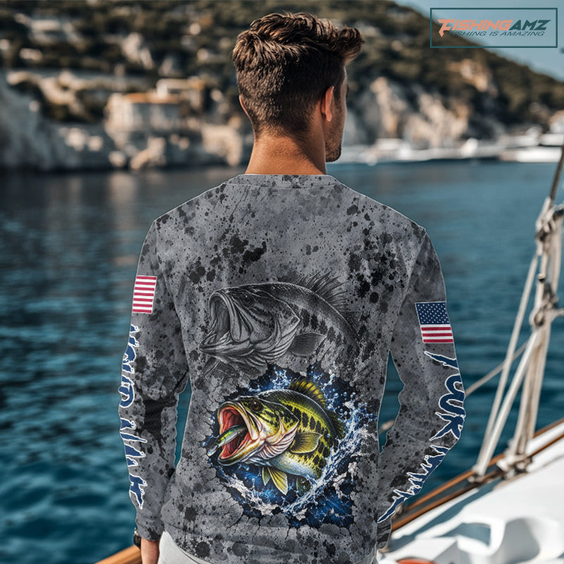 Largemouth Bass Fishing Shirt For Men Custom Grey Splash US Flag Outdoor Sports Apparel NHT1791