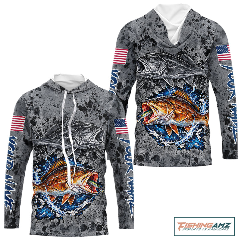 Redfish ( Red Drum) Hooded Fishing Shirt Shirt For Men Custom Grey Splash US Flag Outdoor Sports Apparel NHT1792