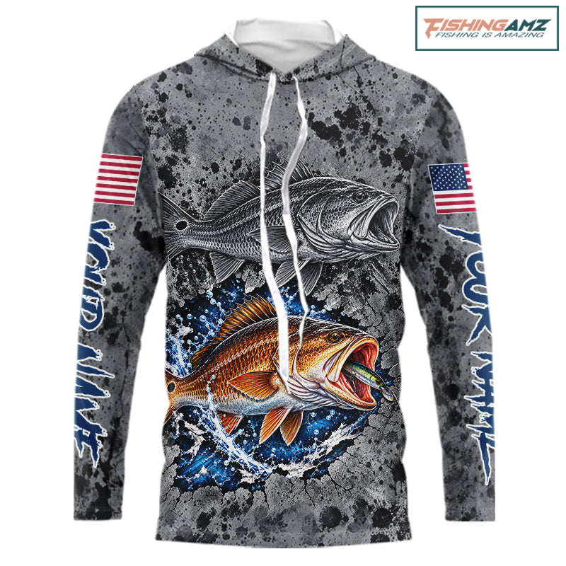 Redfish ( Red Drum) Hooded Fishing Shirt Shirt For Men Custom Grey Splash US Flag Outdoor Sports Apparel NHT1792