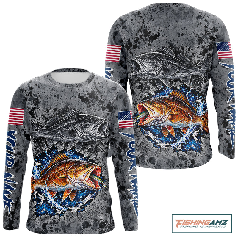 Redfish ( Red Drum) Fishing Shirt For Men Custom Grey Splash US Flag Outdoor Sports Apparel NHT1792