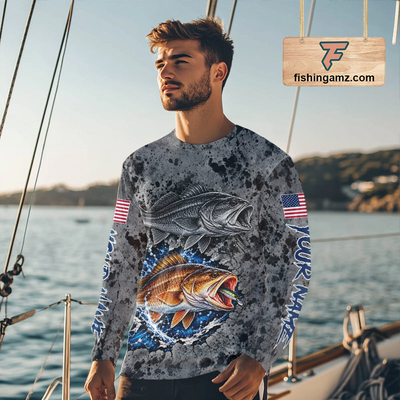 Redfish ( Red Drum) Fishing Shirt For Men Custom Grey Splash US Flag Outdoor Sports Apparel NHT1792