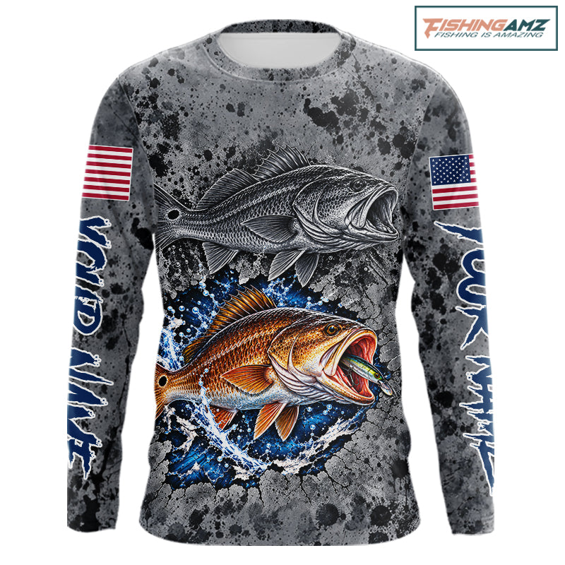 Redfish ( Red Drum) Fishing Shirt For Men Custom Grey Splash US Flag Outdoor Sports Apparel NHT1792