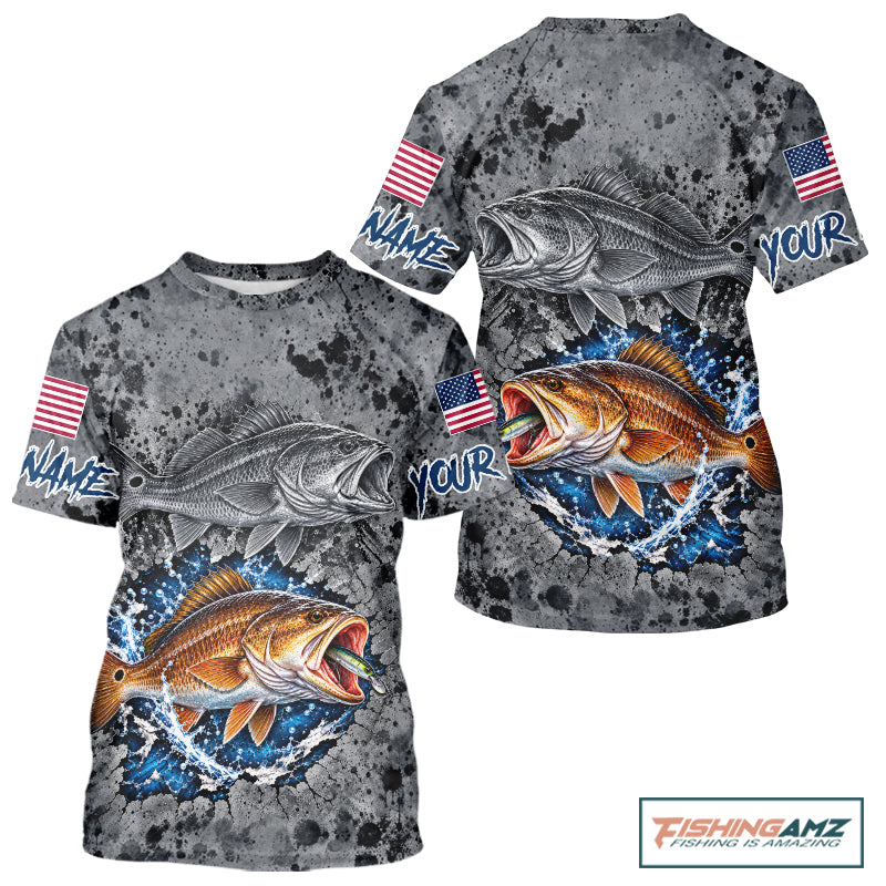 Redfish ( Red Drum) Short Sleeve Fishing Shirt Shirt For Men Custom Grey Splash US Flag Outdoor Sports Apparel NHT1792