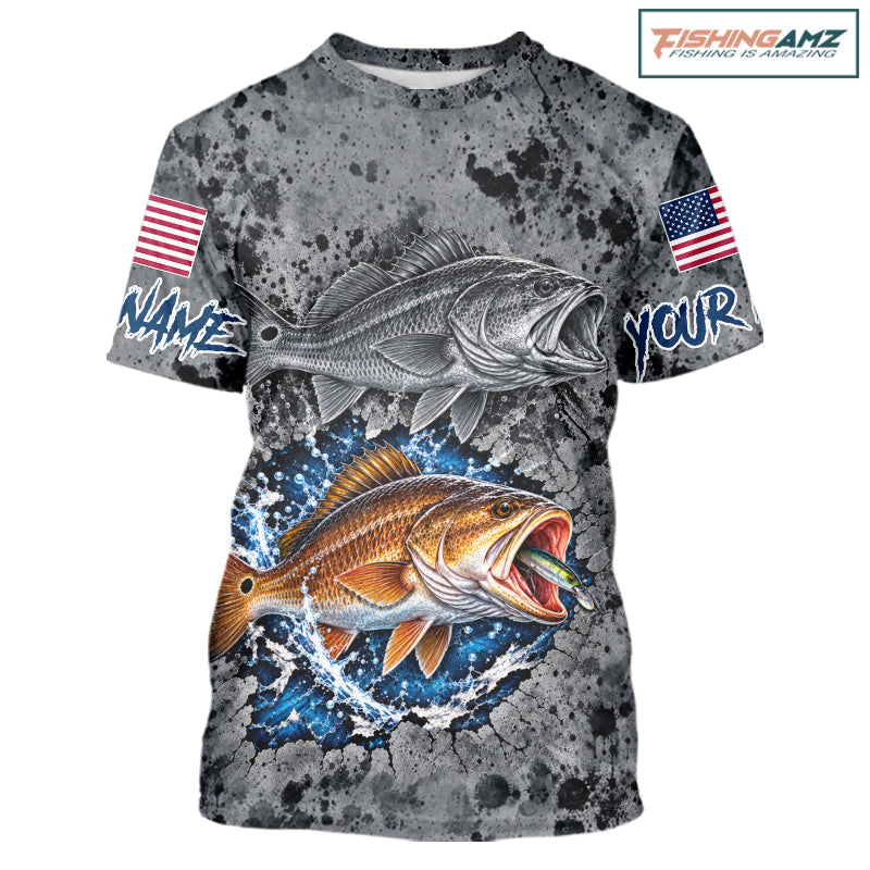 Redfish ( Red Drum) Short Sleeve Fishing Shirt Shirt For Men Custom Grey Splash US Flag Outdoor Sports Apparel NHT1792