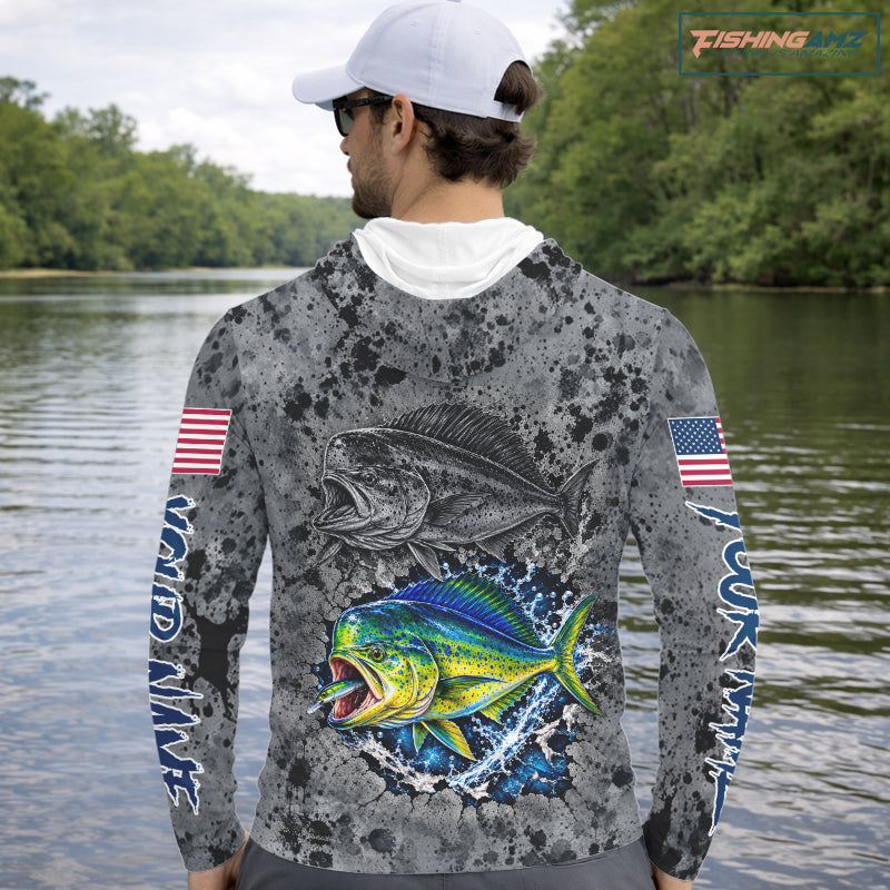 Mahi Mahi Hooded Fishing Shirt Shirt For Men Custom Grey Splash US Flag Outdoor Sports Apparel NHT1793