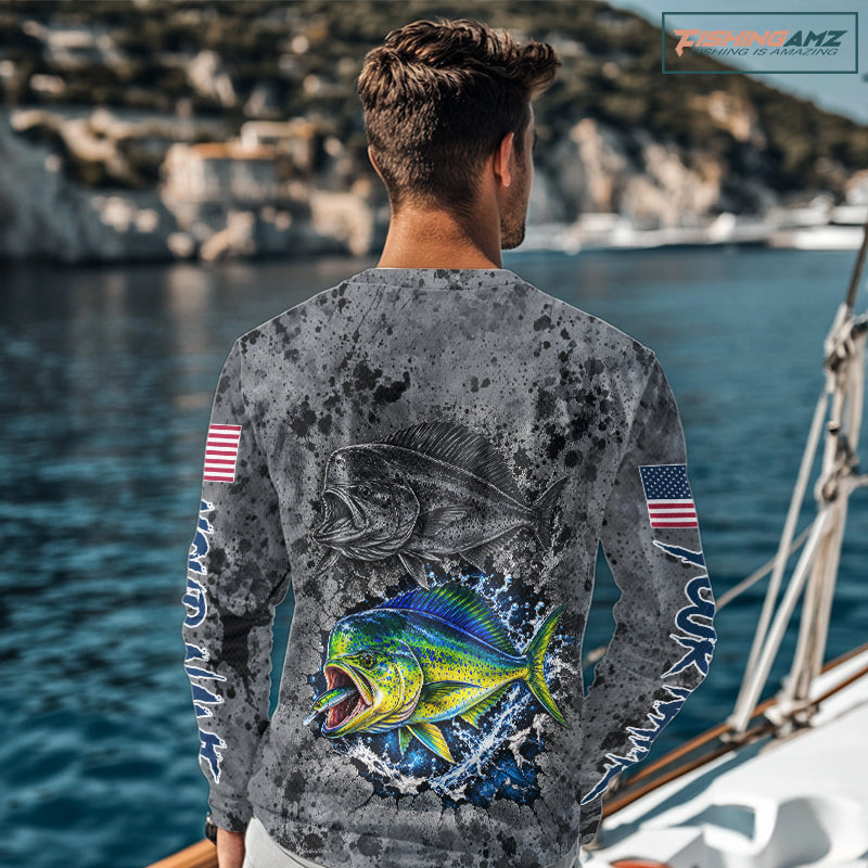 Mahi Mahi Fishing Shirt For Men Custom Grey Splash US Flag Outdoor Sports Apparel NHT1793