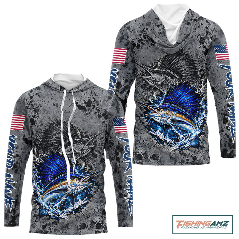 Sailfish Hooded Fishing Shirt Shirt For Men Custom Grey Splash US Flag Outdoor Sports Apparel NHT1794