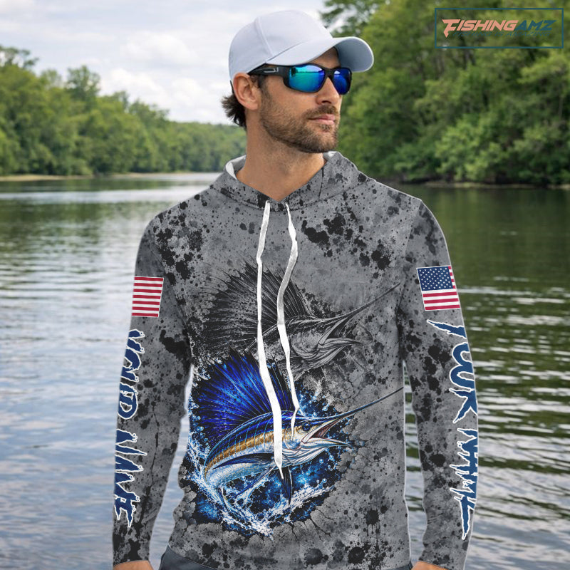 Sailfish Hooded Fishing Shirt Shirt For Men Custom Grey Splash US Flag Outdoor Sports Apparel NHT1794