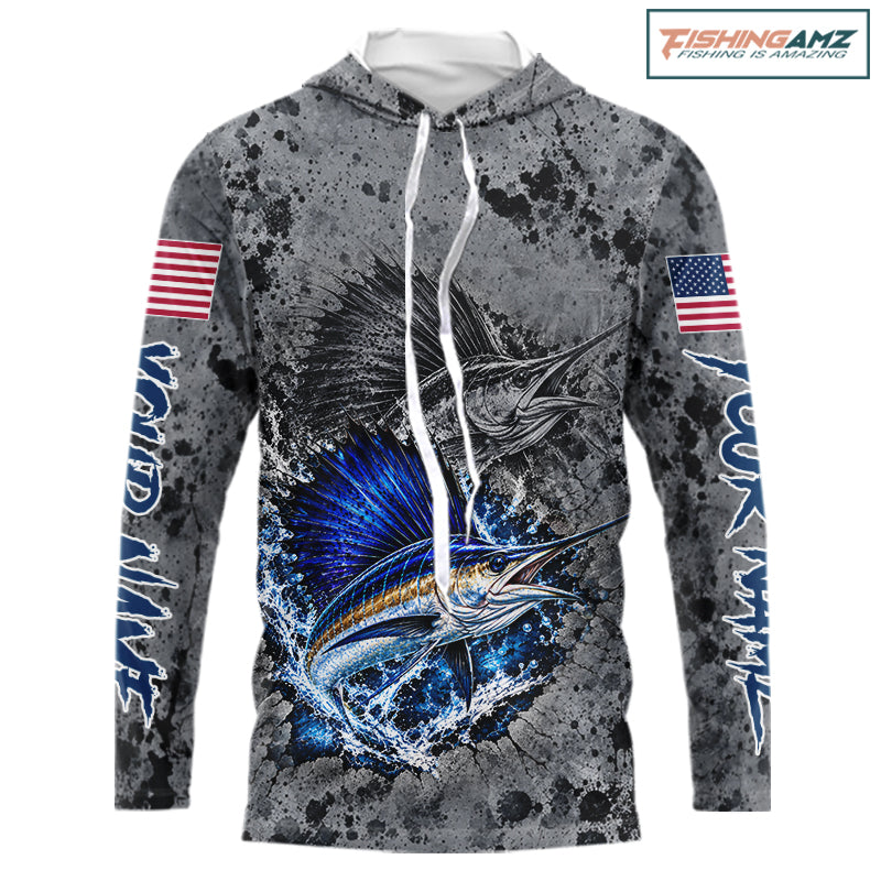 Sailfish Hooded Fishing Shirt Shirt For Men Custom Grey Splash US Flag Outdoor Sports Apparel NHT1794