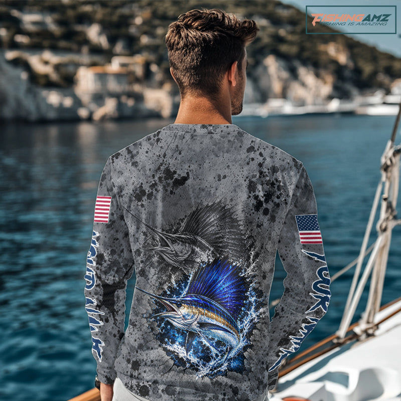 Sailfish Fishing Shirt For Men Custom Grey Splash US Flag Outdoor Sports Apparel NHT1794