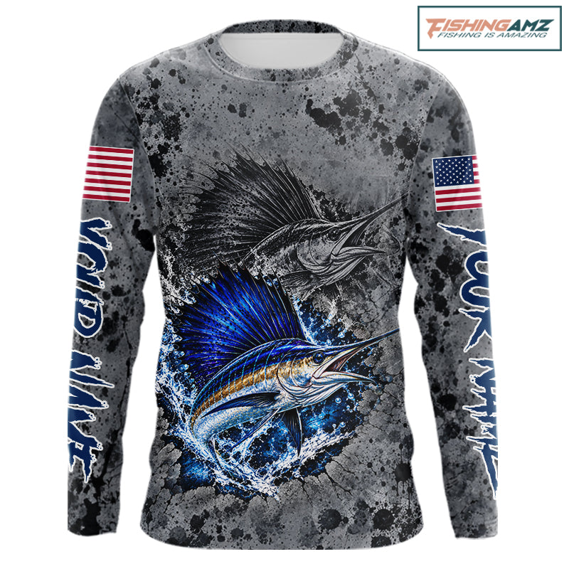 Sailfish Fishing Shirt For Men Custom Grey Splash US Flag Outdoor Sports Apparel NHT1794