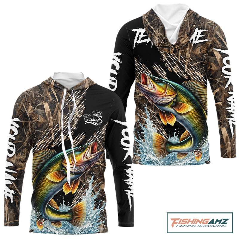 Walleye Fishing Shirts Long Sleeve Hooded Camouflage For Men, Walleye Fishing Apparel NHT434