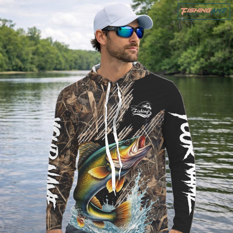 Walleye Fishing Shirts Long Sleeve Hooded Camouflage For Men, Walleye Fishing Apparel NHT434