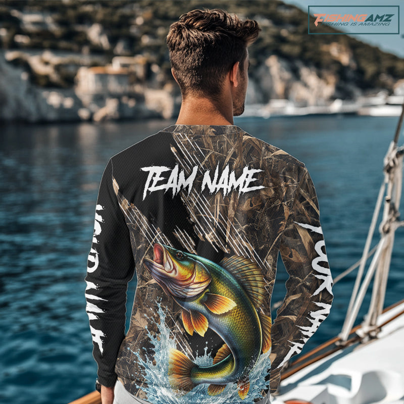 Walleye Fishing Shirts Long Sleeve Camouflage For Men, Walleye Fishing Apparel NHT434