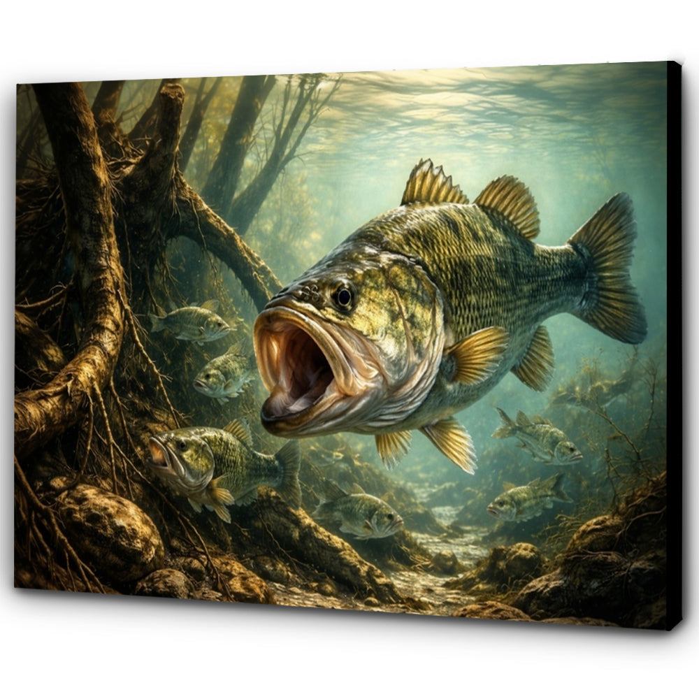 Big Bass Fish Wall Art Canvas, Underwater Largemouth Bass Fishing Canvas Art NHT486