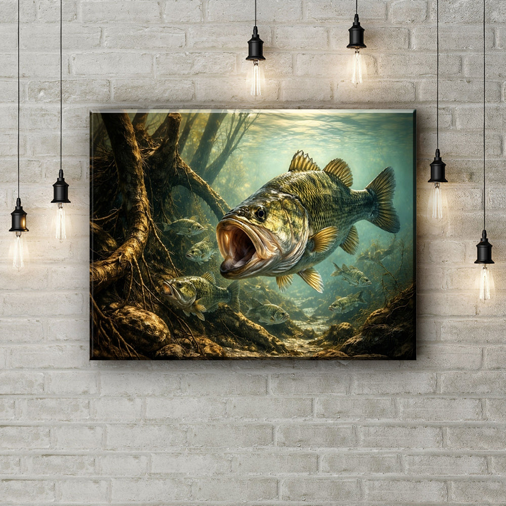 Big Bass Fish Wall Art Canvas, Underwater Largemouth Bass Fishing Canvas Art NHT486