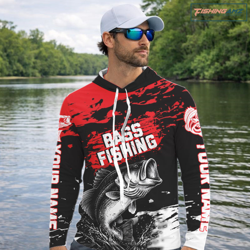 Custom Hooded Bass Fishing Jersey, Black And Red Bass Long Sleeve Tournament Fishing Shirts NHT492