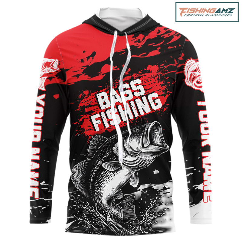 Custom Hooded Bass Fishing Jersey, Black And Red Bass Long Sleeve Tournament Fishing Shirts NHT492