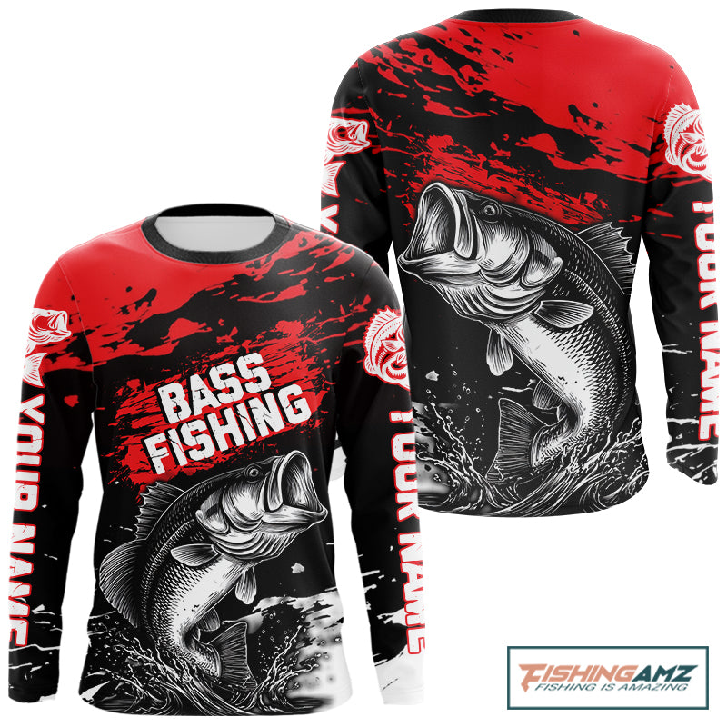 Custom Bass Fishing Jersey, Black And Red Bass Long Sleeve Tournament Fishing Shirts NHT492