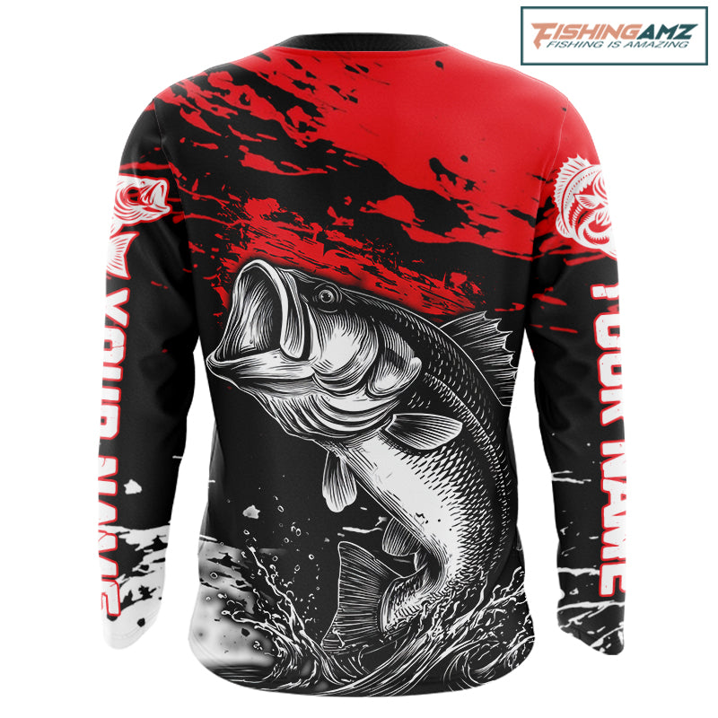 Custom Bass Fishing Jersey, Black And Red Bass Long Sleeve Tournament Fishing Shirts NHT492