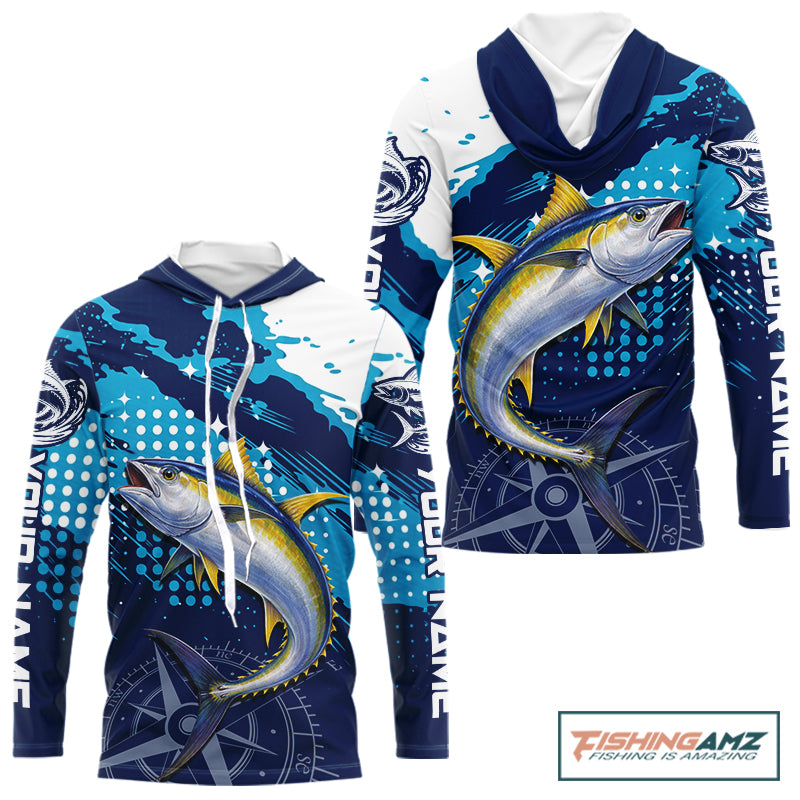 Custom Yellowfin Tuna Long Sleeve Hooded Fishing Shirts For Men, Design Tuna Fishing Jerseys NHT634