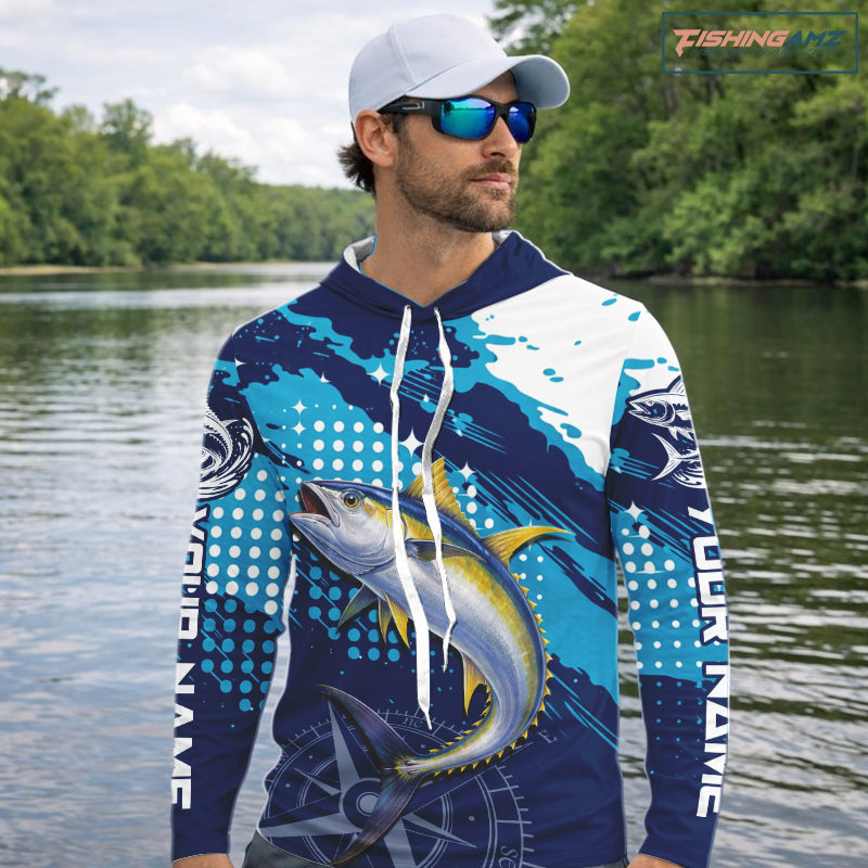 Custom Yellowfin Tuna Long Sleeve Hooded Fishing Shirts For Men, Design Tuna Fishing Jerseys NHT634