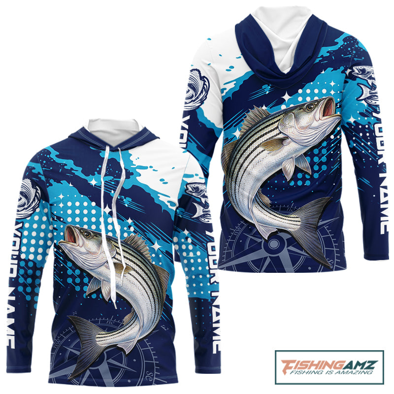 Custom Striped Bass Long Sleeve Hooded Fishing Shirts For Men, Design Striped Bass Fishing Jerseys NHT635