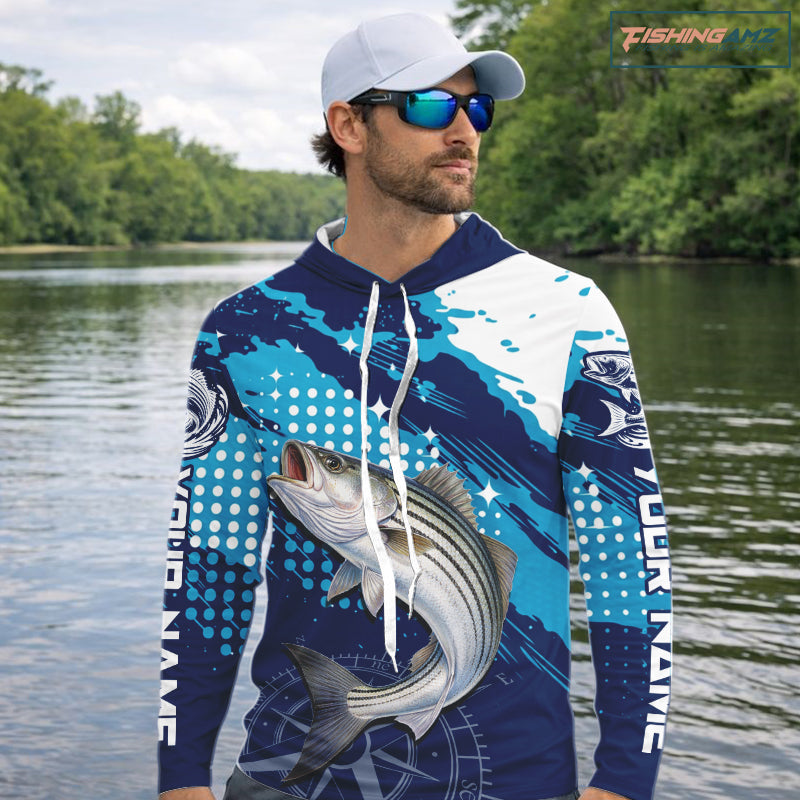 Custom Striped Bass Long Sleeve Hooded Fishing Shirts For Men, Design Striped Bass Fishing Jerseys NHT635