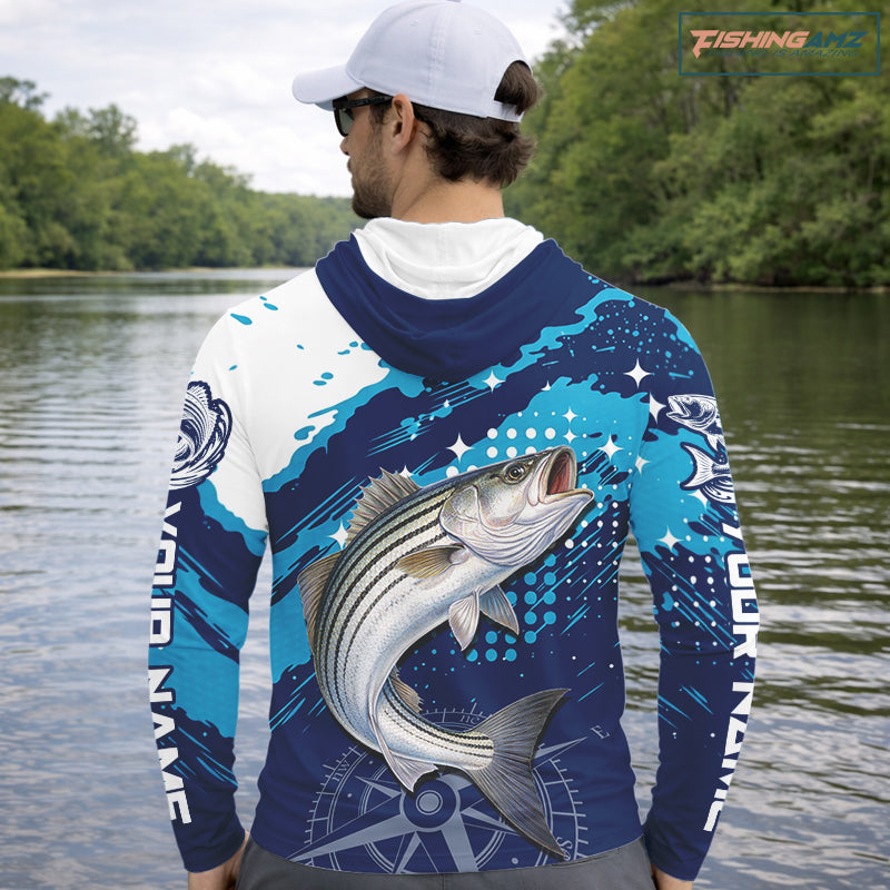 Custom Striped Bass Long Sleeve Hooded Fishing Shirts For Men, Design Striped Bass Fishing Jerseys NHT635