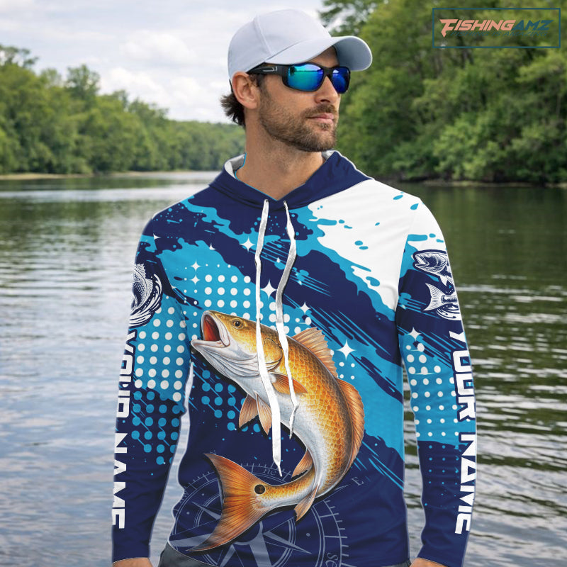 Custom Redfish Long Sleeve Hooded Fishing Shirts For Men, Design Redfish Fishing Jerseys NHT636