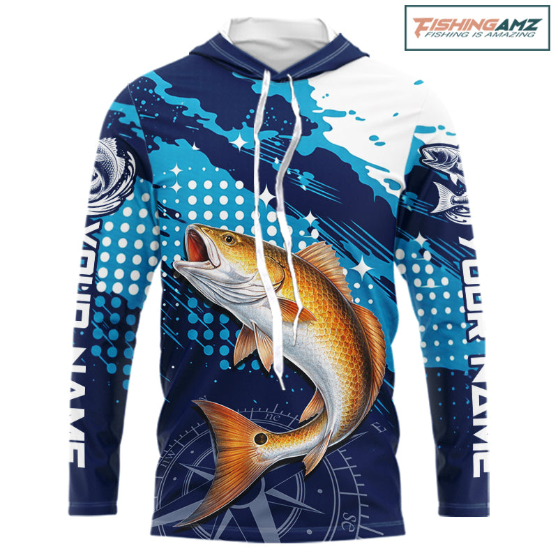Custom Redfish Long Sleeve Hooded Fishing Shirts For Men, Design Redfish Fishing Jerseys NHT636