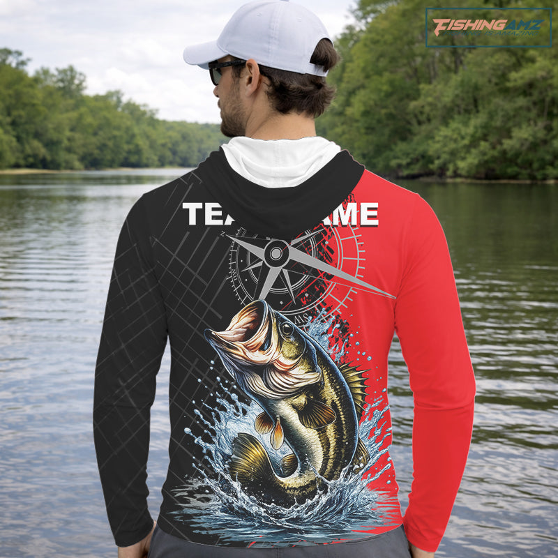 Personalized Hooded Bass Performance Fishing Shirts, Red Camo Bass Compass Tournament Shirts NHT495
