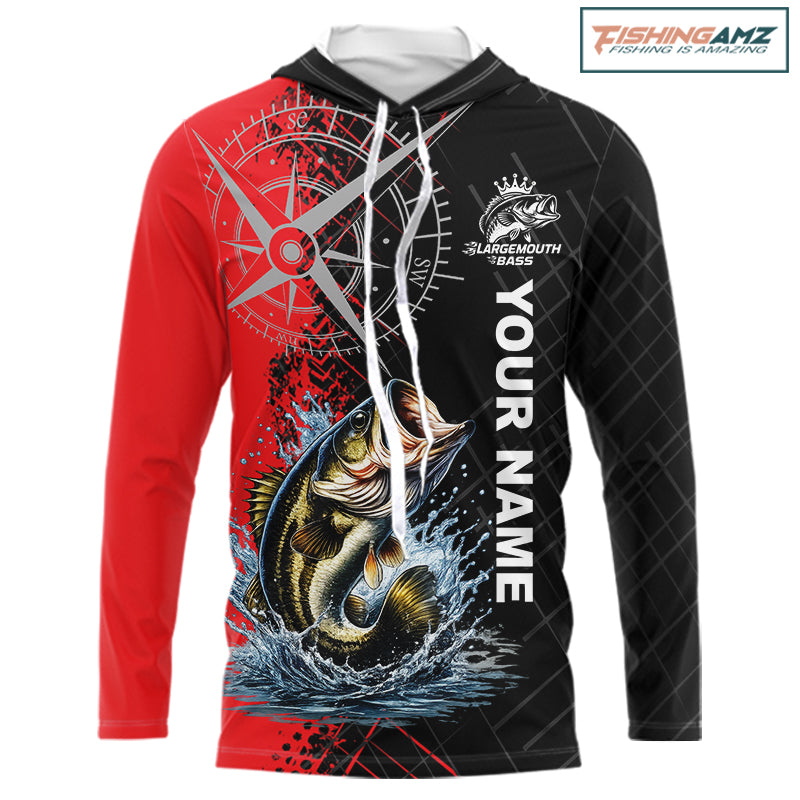 Personalized Hooded Bass Performance Fishing Shirts, Red Camo Bass Compass Tournament Shirts NHT495