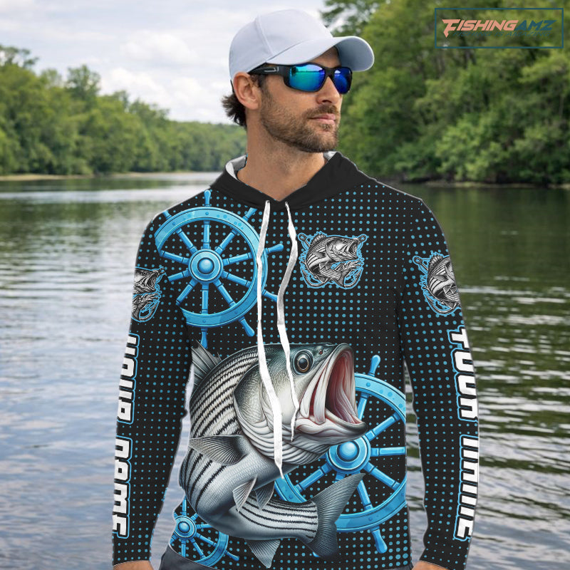 Personalized Striped Bass Fishing Jerseys, Bass Performance Hooded Fishing Shirt Custom Name NHT501