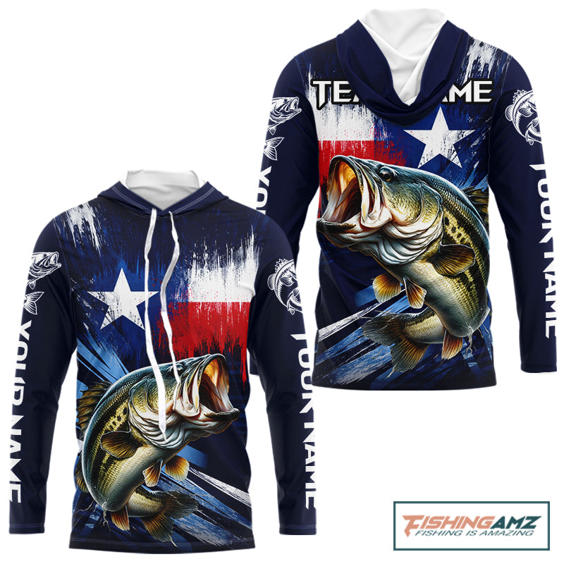 Personalized Bass Long Sleeve Performance Fishing Shirts, Hooded Bass Custom Texas Fishing Jersey