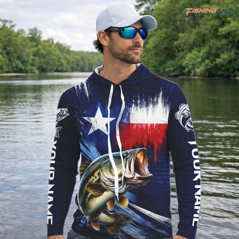 Personalized Bass Long Sleeve Performance Fishing Shirts, Hooded Bass Custom Texas Fishing Jersey