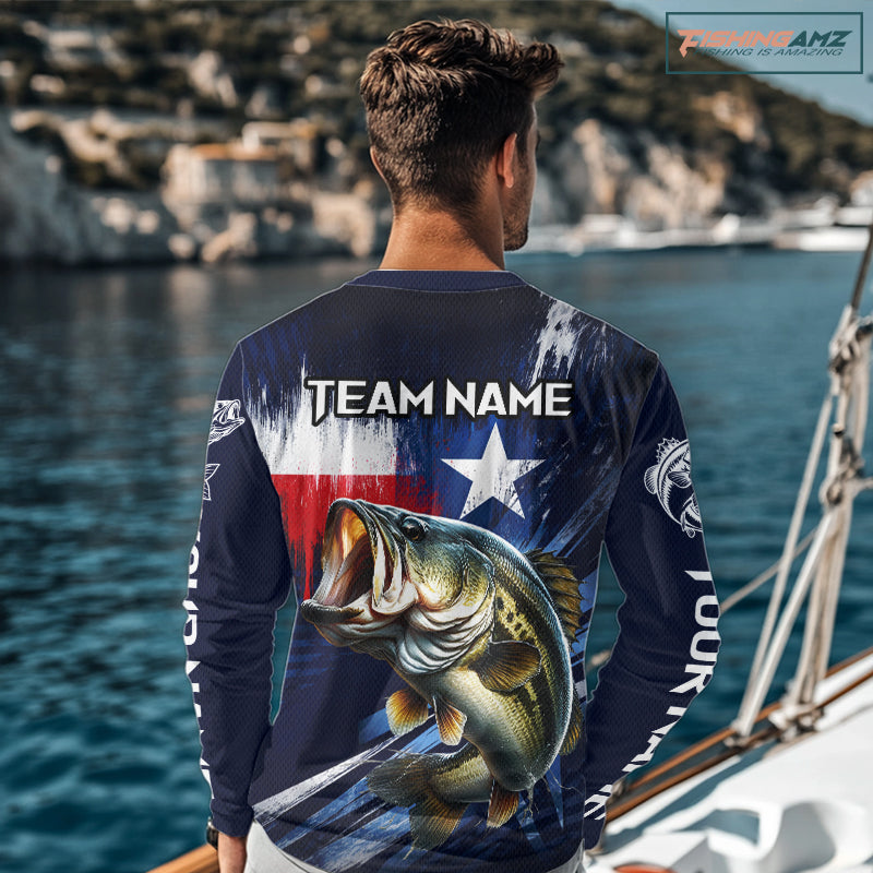 Personalized Bass Long Sleeve Performance Fishing Shirts, Bass Custom Texas Fishing Jersey