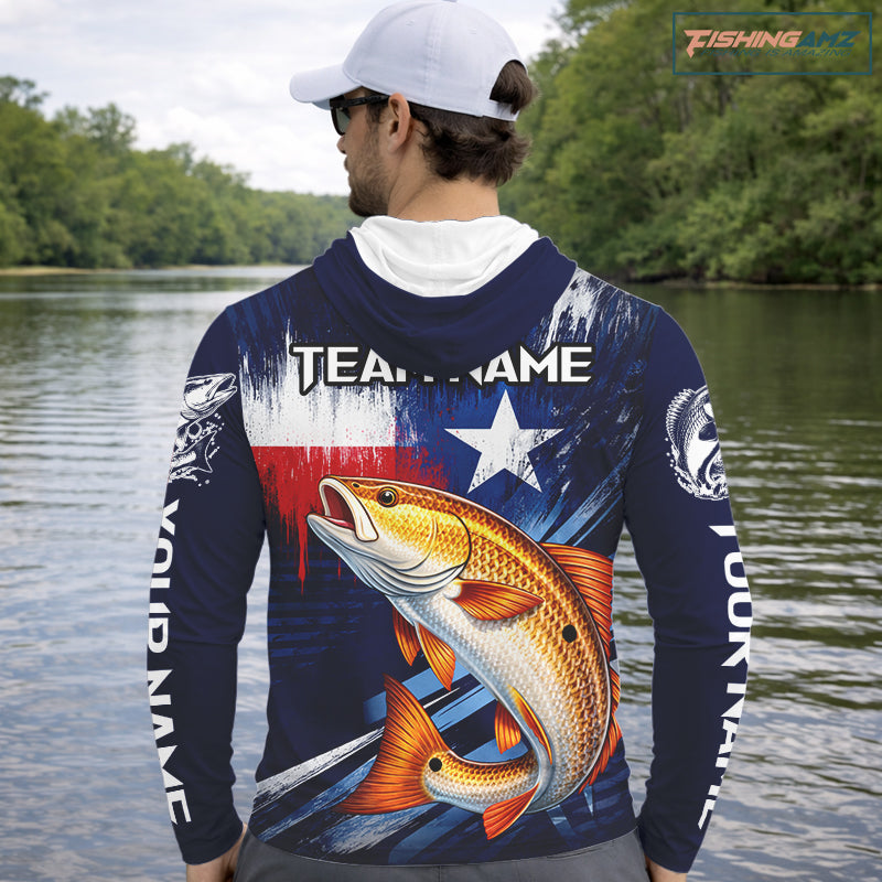 Personalized redfish hooded long sleeve performance fishing shirt, redfish custom Texas fishing jersey