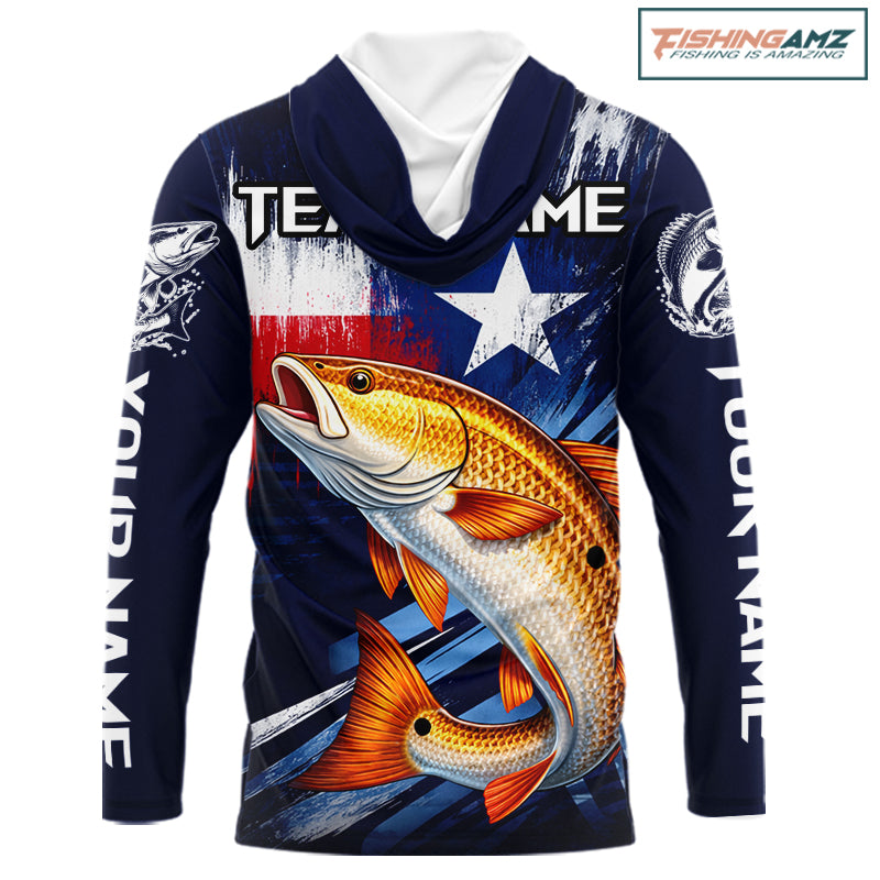 Personalized redfish hooded long sleeve performance fishing shirt, redfish custom Texas fishing jersey